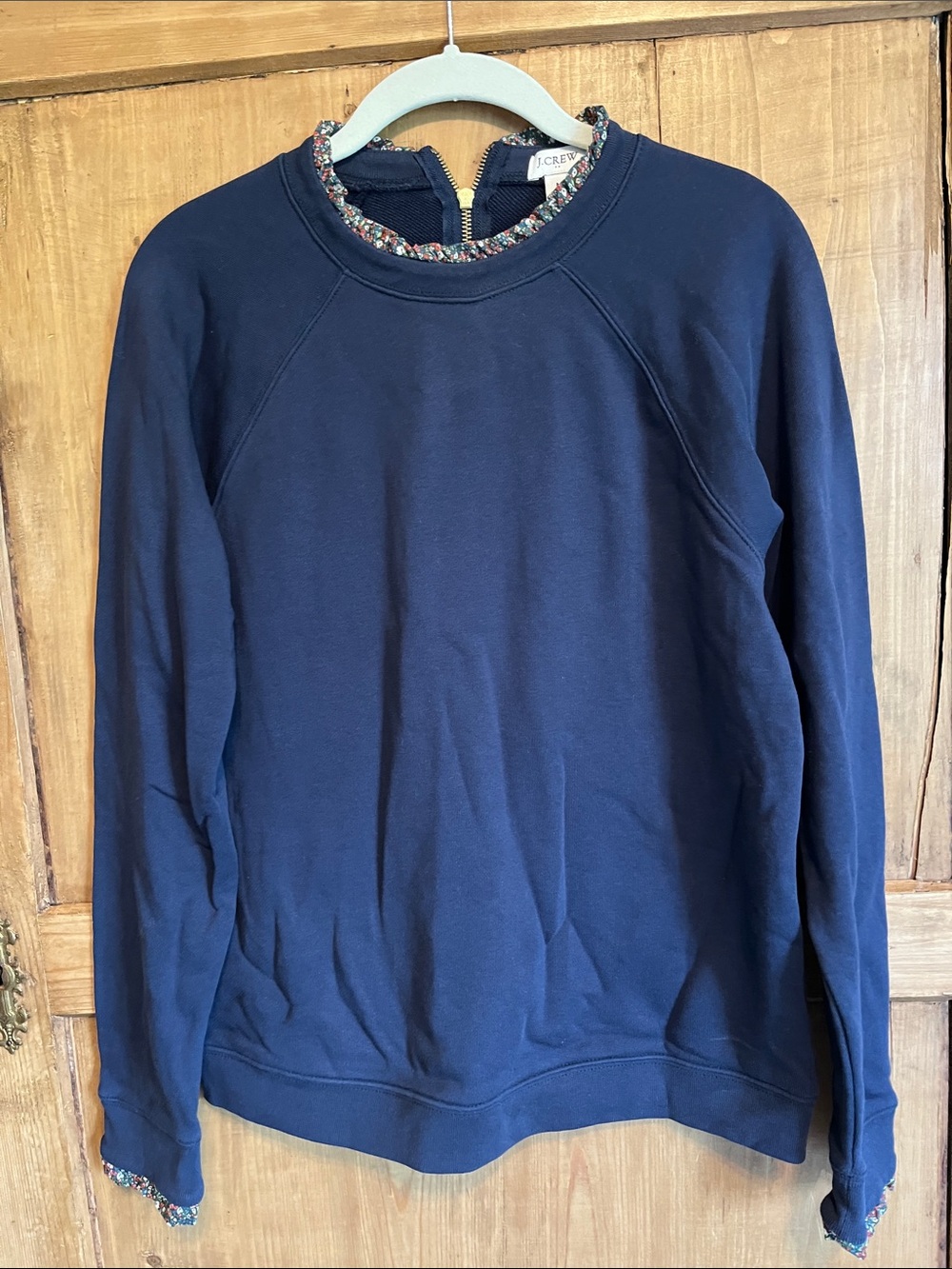 J. Crew Factory Navy Crewneck Sweatshirt with Multicolor Floral Ruffled Trim
